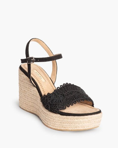 Black Lace Wedge Sandal with Espadrille Sole