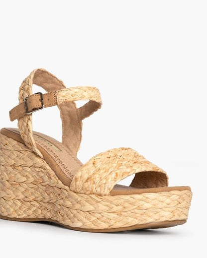 Natural Woven Wedge Sandal with Buckle Strap