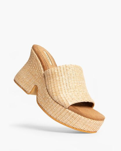 Natural Woven Platform Mules with Chunky Heel