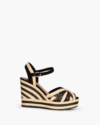 Black Striped Wedge Sandals with Ankle Strap