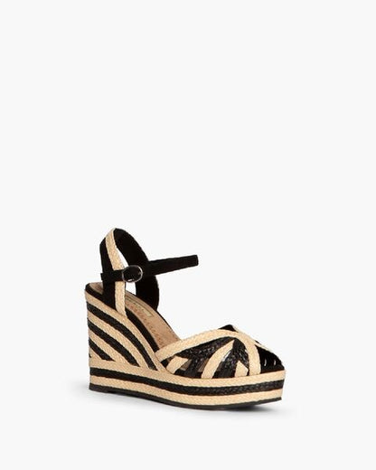 Black Striped Wedge Sandals with Ankle Strap