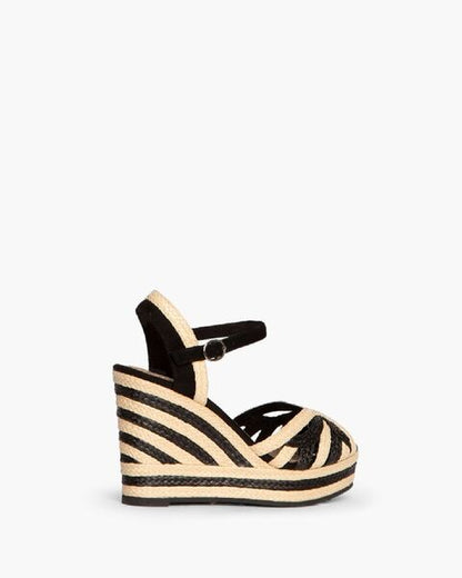 Black Striped Wedge Sandals with Ankle Strap