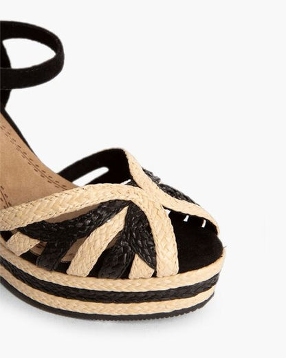 Black Striped Wedge Sandals with Ankle Strap