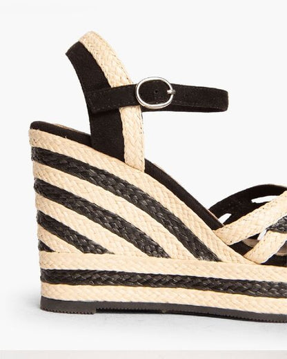 Black Striped Wedge Sandals with Ankle Strap