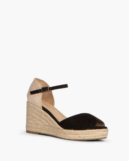 Black Suede Wedge Sandal with Ankle Strap