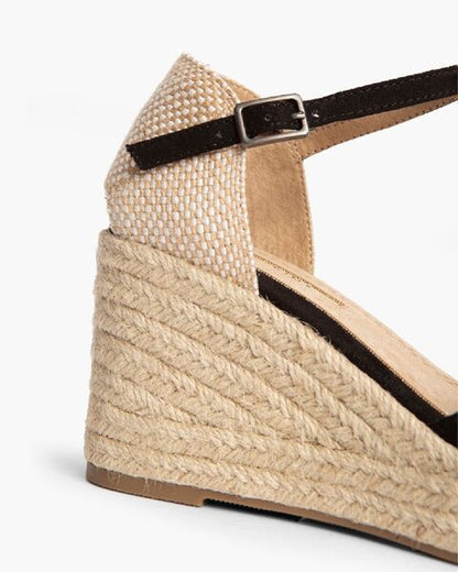 Black Suede Wedge Sandal with Ankle Strap