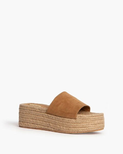 Tan Suede Platform Espadrille Slide Sandals