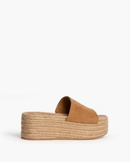 Tan Suede Platform Espadrille Slide Sandals