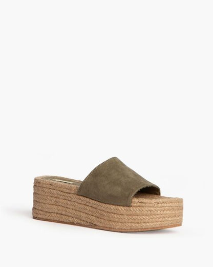 Olive Suede Platform Slide Sandals