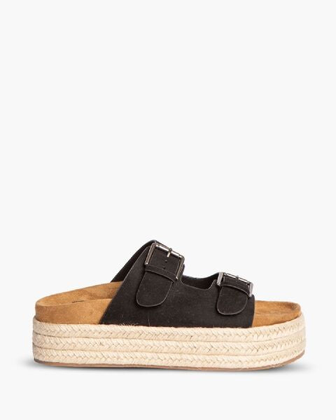 Black Suede Platform Sandals with Buckle Accents