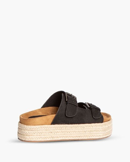 Black Suede Platform Sandals with Buckle Accents