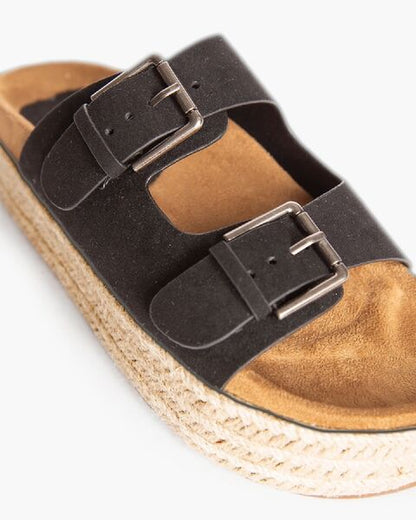 Black Suede Platform Sandals with Buckle Accents
