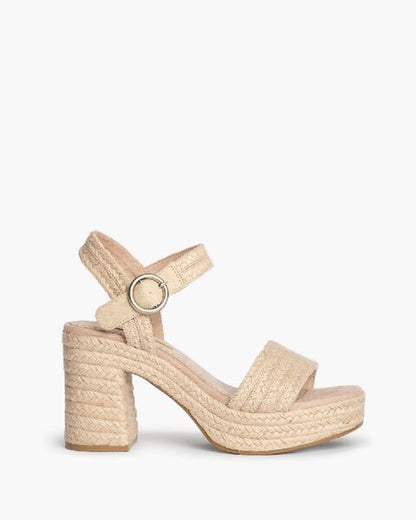 Beige Textured Block Heel Sandal with Ankle Strap