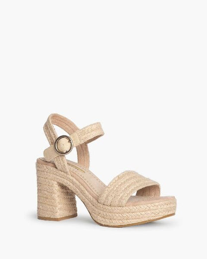 Beige Textured Block Heel Sandal with Ankle Strap