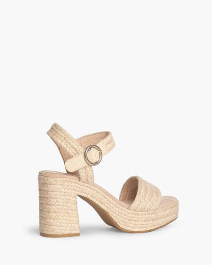 Beige Textured Block Heel Sandal with Ankle Strap