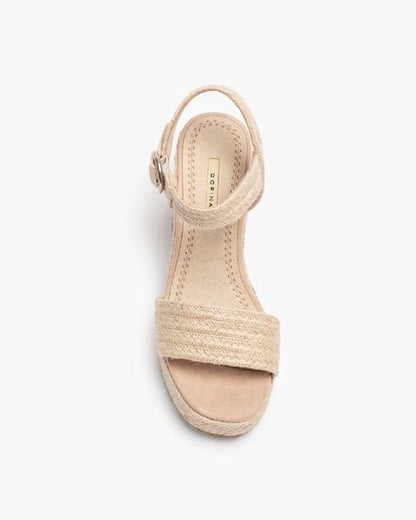 Beige Textured Block Heel Sandal with Ankle Strap