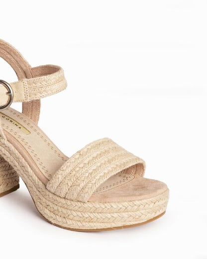 Beige Textured Block Heel Sandal with Ankle Strap