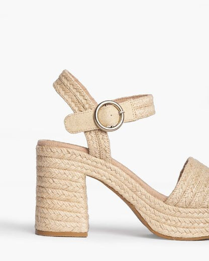 Beige Textured Block Heel Sandal with Ankle Strap