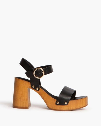 Black Leather Block Heel Sandal with Ankle Strap