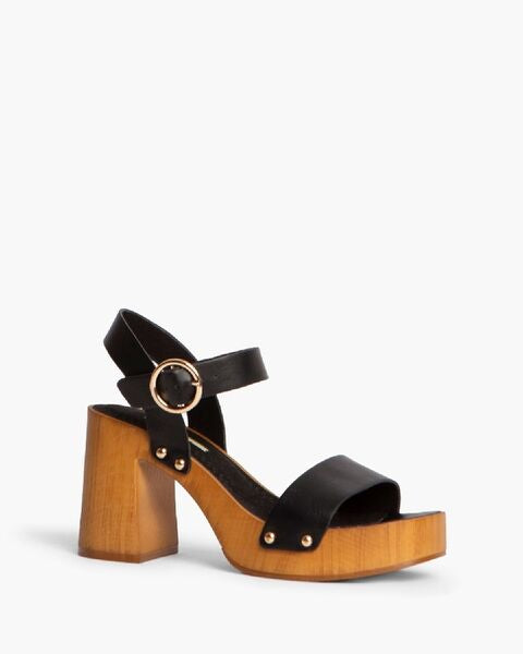 Black Leather Block Heel Sandal with Ankle Strap
