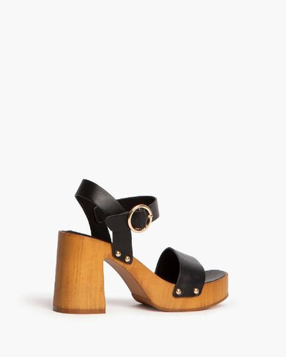 Black Leather Block Heel Sandal with Ankle Strap