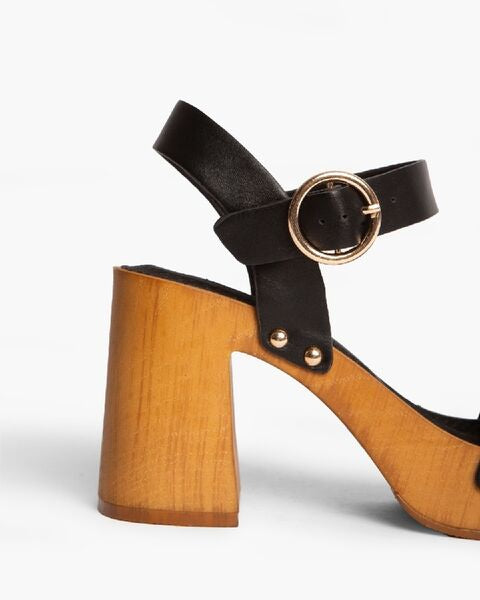 Black Leather Block Heel Sandal with Ankle Strap