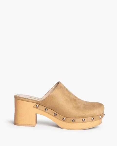 Camel Suede-Look Heeled Clogs with Studded Accent