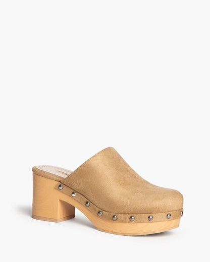 Camel Suede-Look Heeled Clogs with Studded Accent