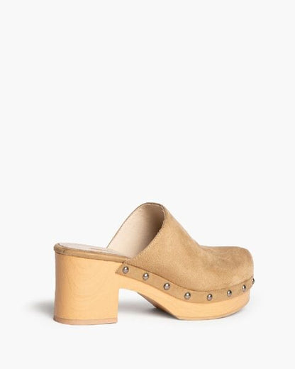 Camel Suede-Look Heeled Clogs with Studded Accent