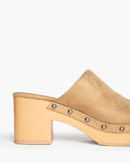 Camel Suede-Look Heeled Clogs with Studded Accent