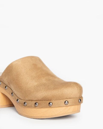 Camel Suede-Look Heeled Clogs with Studded Accent