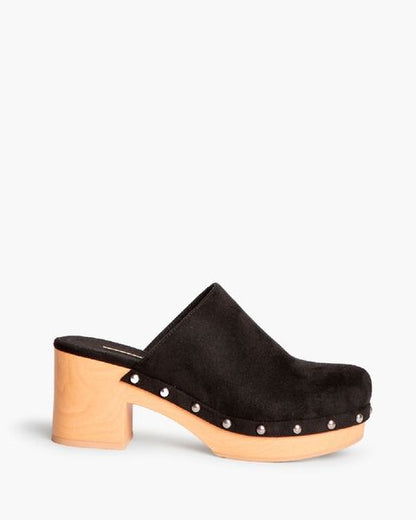 Black Suede Clogs with Wooden Heel