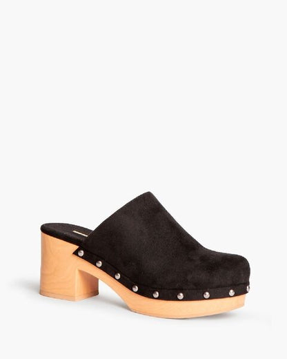 Black Suede Clogs with Wooden Heel