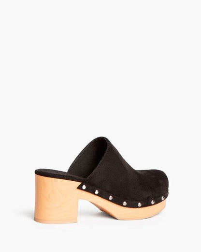 Black Suede Clogs with Wooden Heel