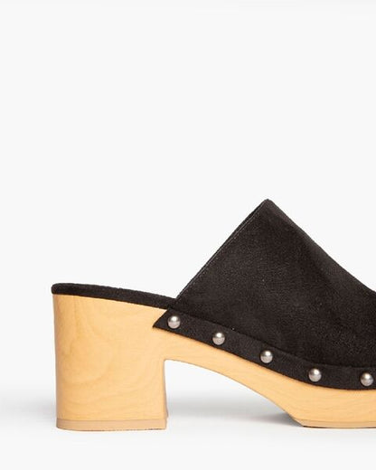 Black Suede Clogs with Wooden Heel