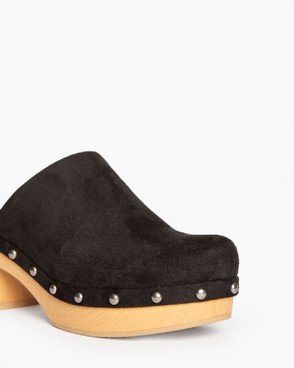Black Suede Clogs with Wooden Heel
