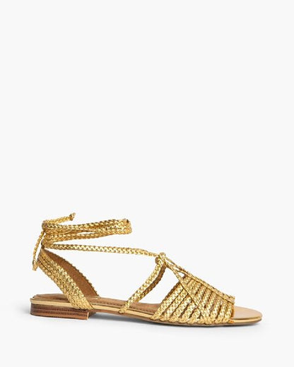 Gold Braided Flat Sandals with Ankle Tie