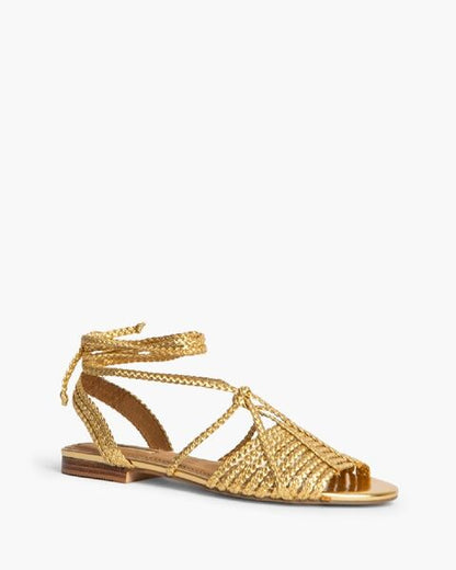Gold Braided Flat Sandals with Ankle Tie