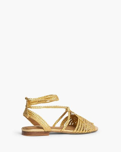 Gold Braided Flat Sandals with Ankle Tie