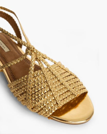 Gold Braided Flat Sandals with Ankle Tie