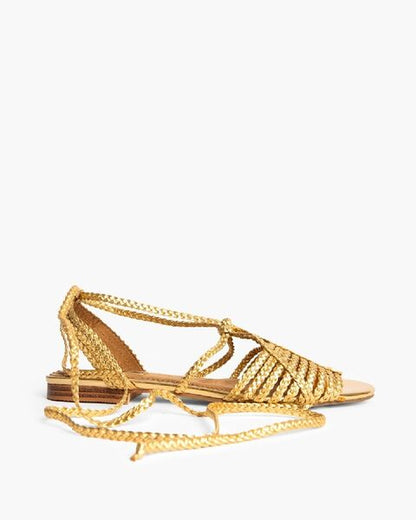 Gold Braided Flat Sandals with Ankle Tie