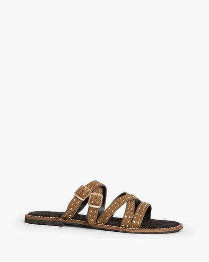 Brown Suede Studded Sandals with Buckle Detail