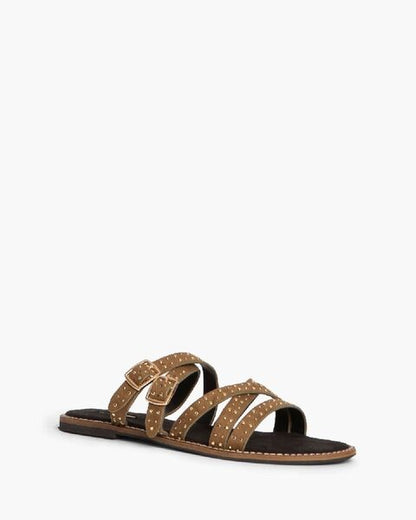 Brown Suede Studded Sandals with Buckle Detail