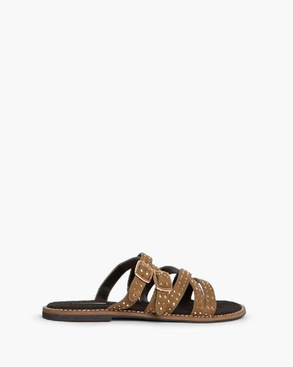 Brown Suede Studded Sandals with Buckle Detail