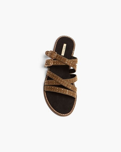 Brown Suede Studded Sandals with Buckle Detail