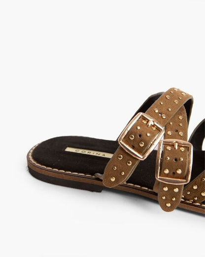Brown Suede Studded Sandals with Buckle Detail