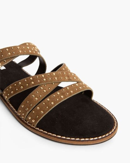 Brown Suede Studded Sandals with Buckle Detail