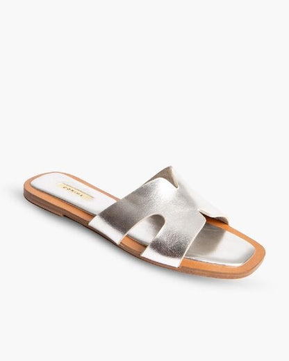 Silver Metallic Slide Sandal with Cut-Out Design