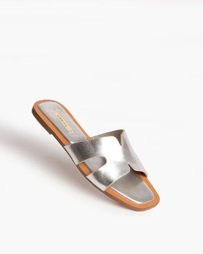 Silver Metallic Slide Sandal with Cut-Out Design