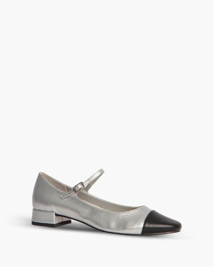 Silver Patent Leather Mary Jane Flats with Black Cap-Toe